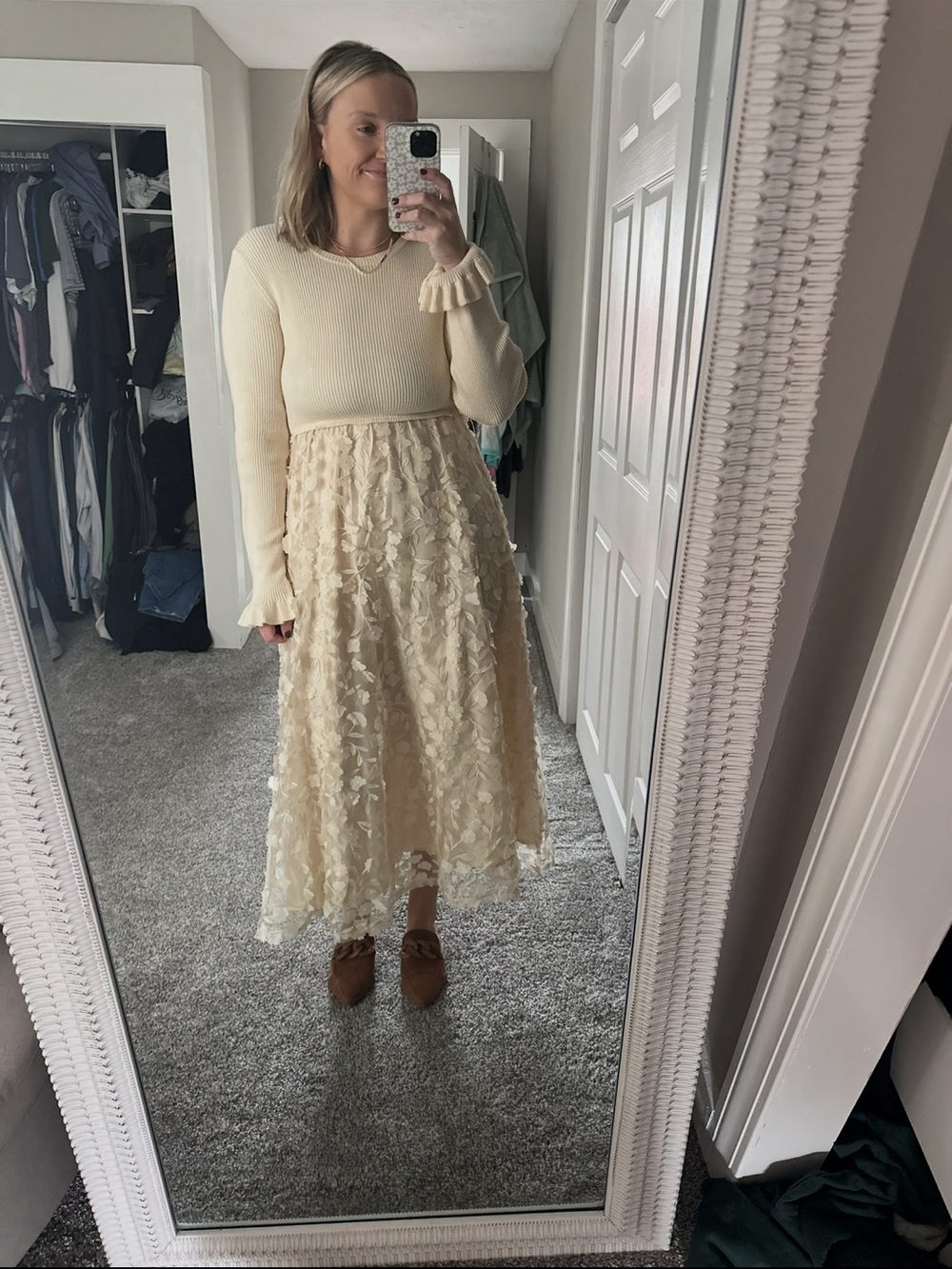 Shop Stevie Cream Ribbed Bodice Floral Lace Midi Dress